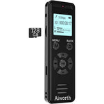 Aiworth digital voice recorder front view showing menu and playback buttons with active screen display.
