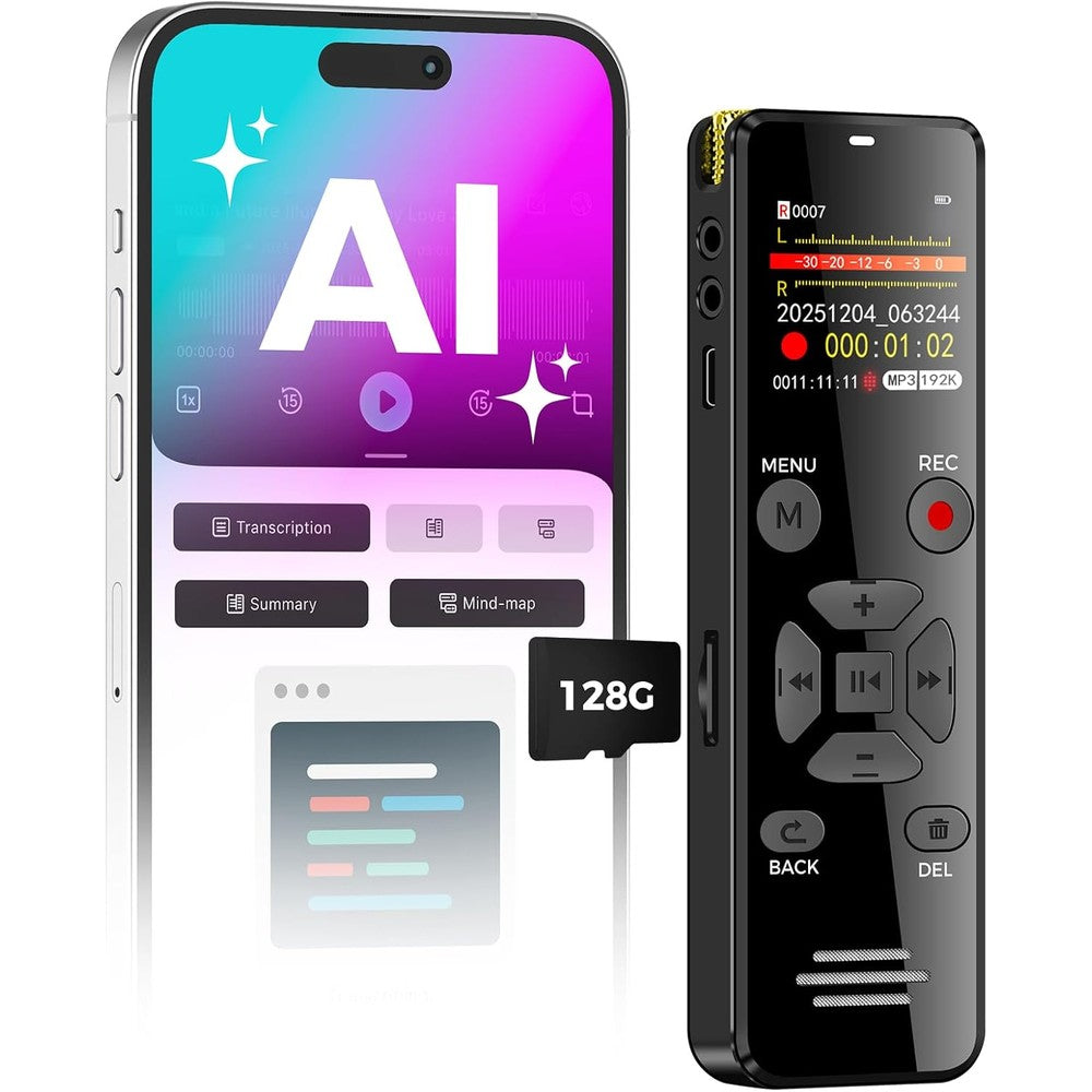 YIVIDA L359 AI Digital Voice Recorder 128GB front view showcasing the classic tactile design and compact portable build.