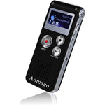 Aomago 64GB Digital Voice Recorder front view showing black metallic casing and clear digital display screen.