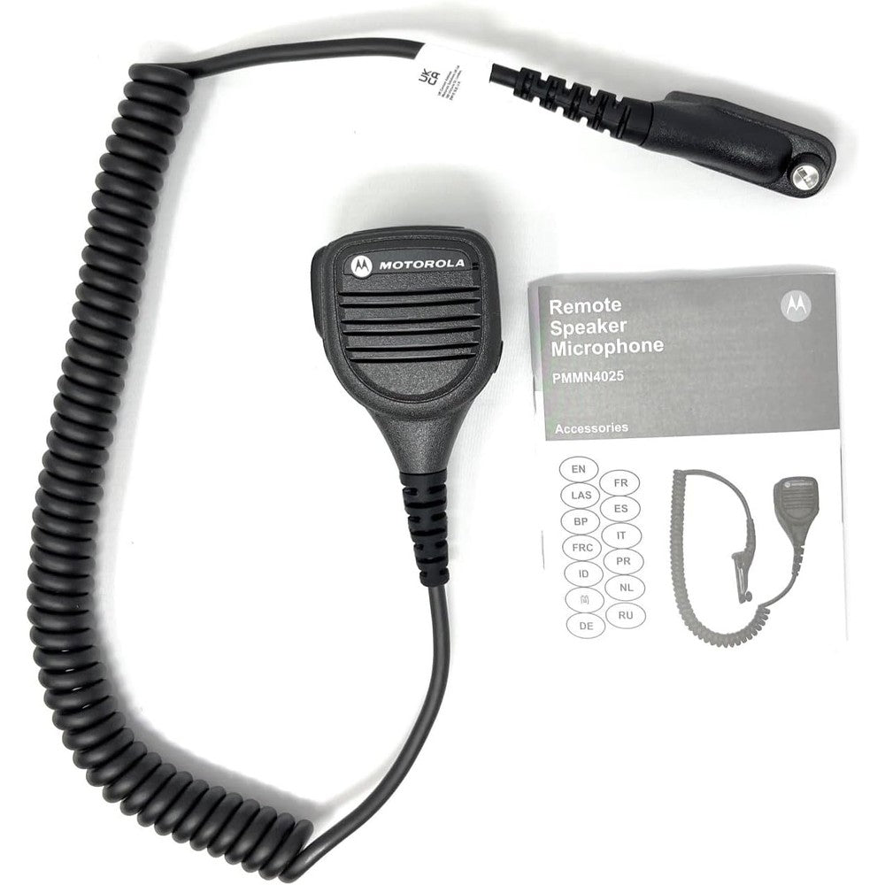 Motorola PMMN4025 IMPRES remote speaker microphone front view showing black grill and heavy duty build