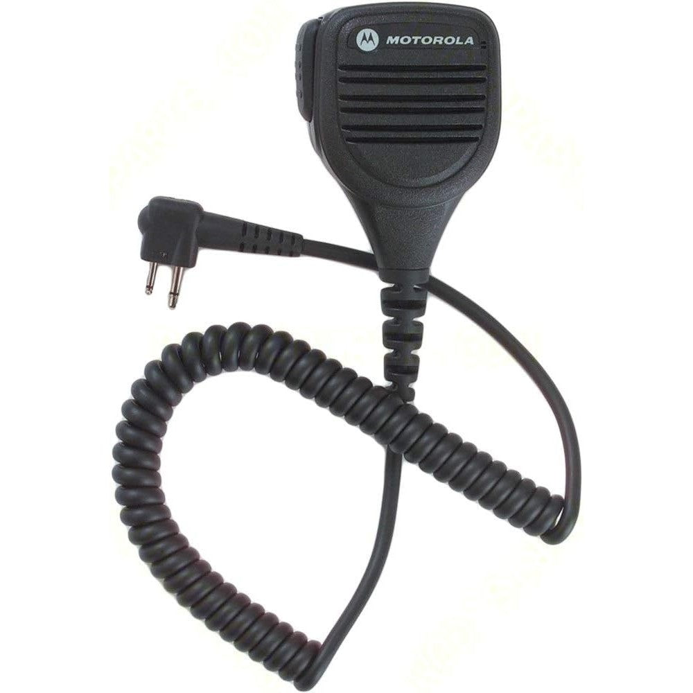 Motorola original OEM PMMN4013A remote speaker microphone front view showing heavy duty coiled cord