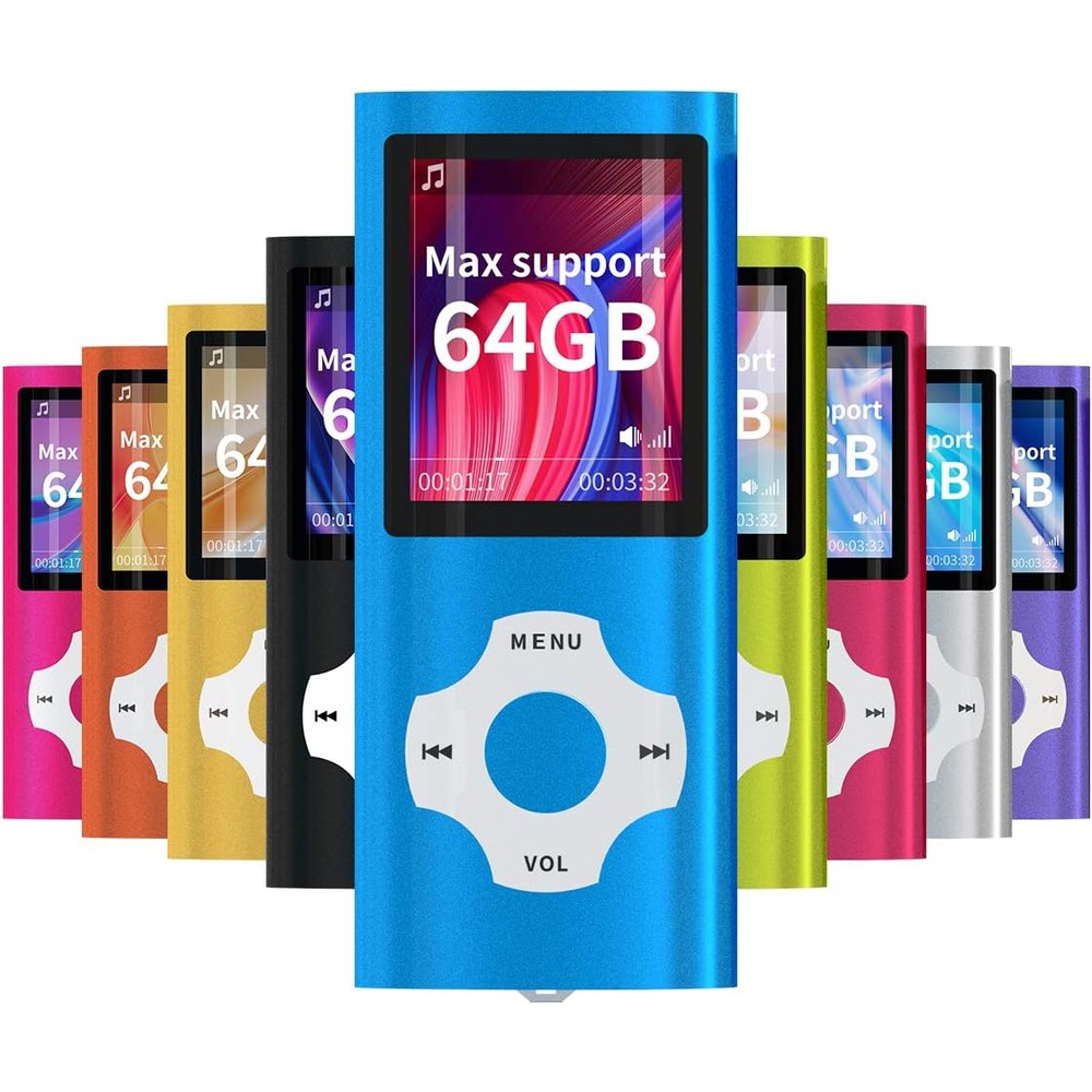 WOWSYS portable MP3 player front view showing dark blue chassis and 1.8 inch screen.