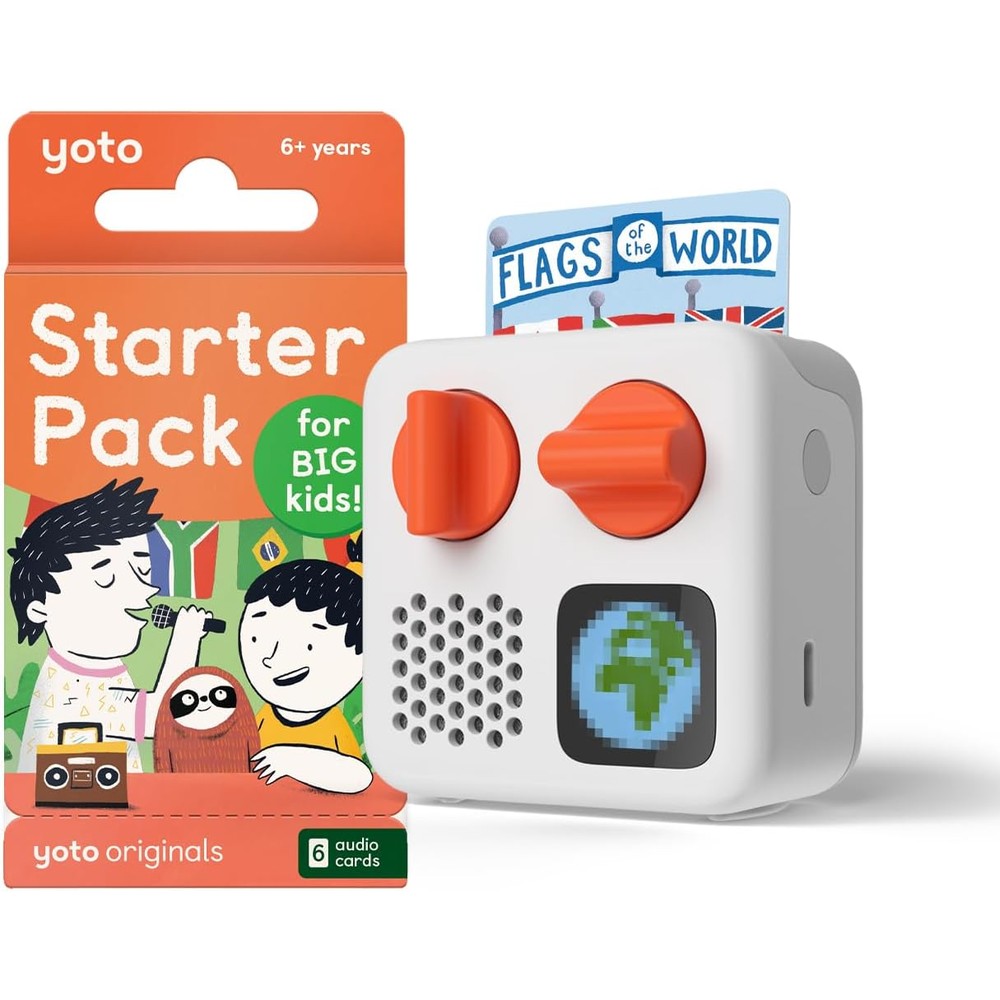 Yoto Mini 2024 Edition screen free kids audio player front view showing orange knobs and white body
