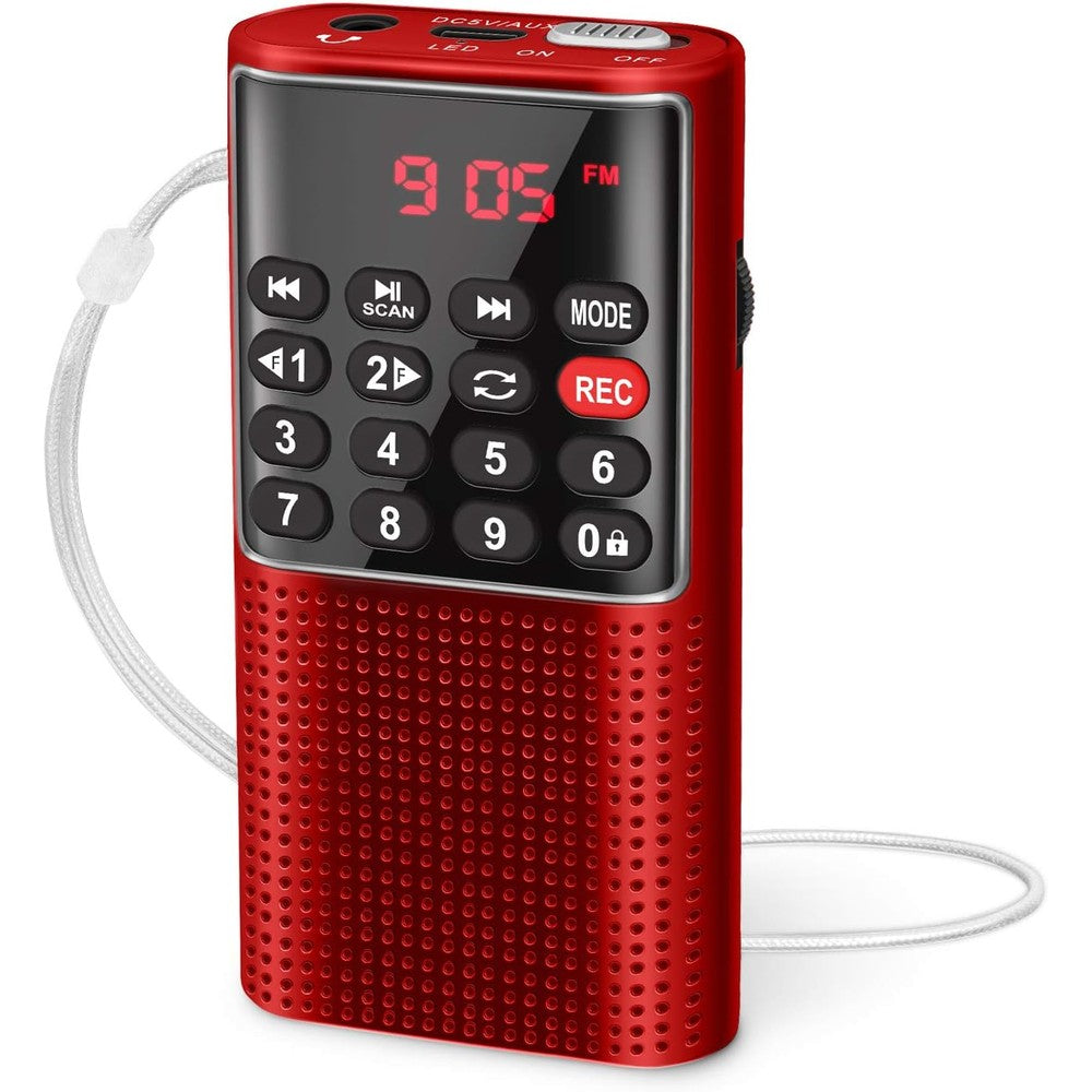 Prunus J-328 mini portable pocket FM radio in red front view