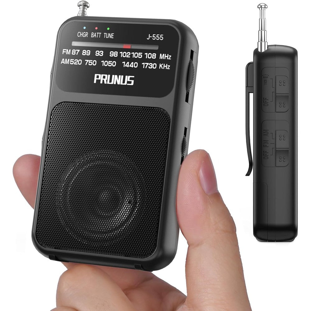 Prunus J-555 pocket radio front view with telescopic antenna