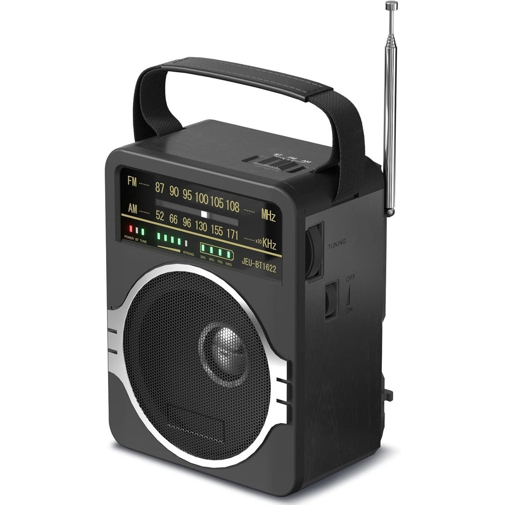 Jeujug portable AM FM radio with Bluetooth 5.0 speaker front view