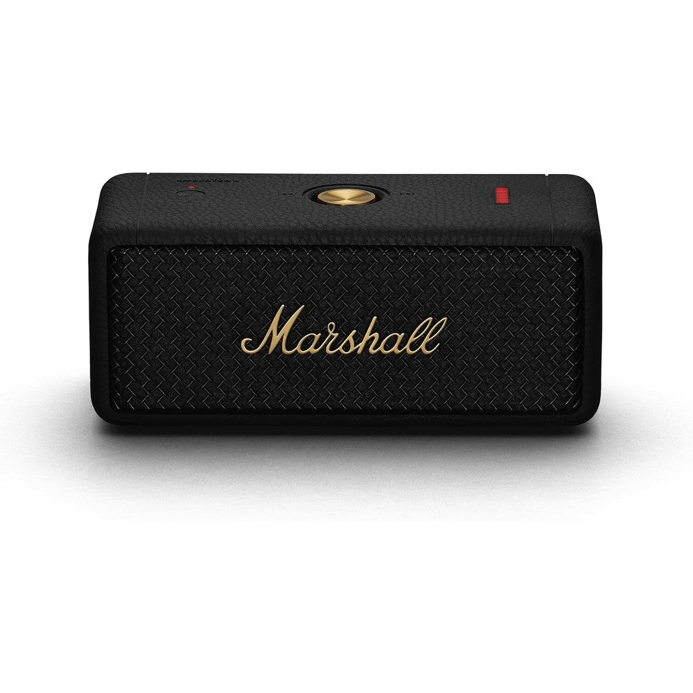 Marshall Emberton II portable Bluetooth speaker front view in black and brass