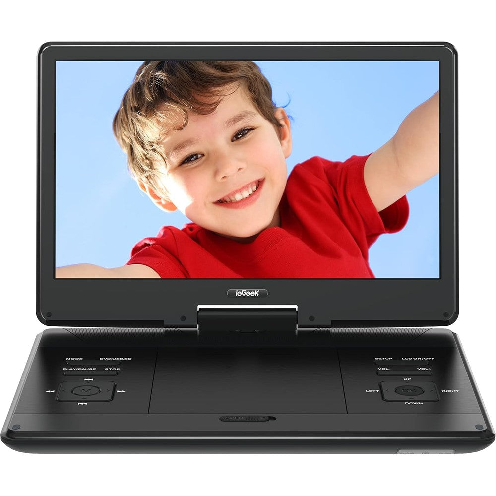 ieGeek portable DVD player front view showing the 14.1 inch large HD screen displaying vibrant video content
