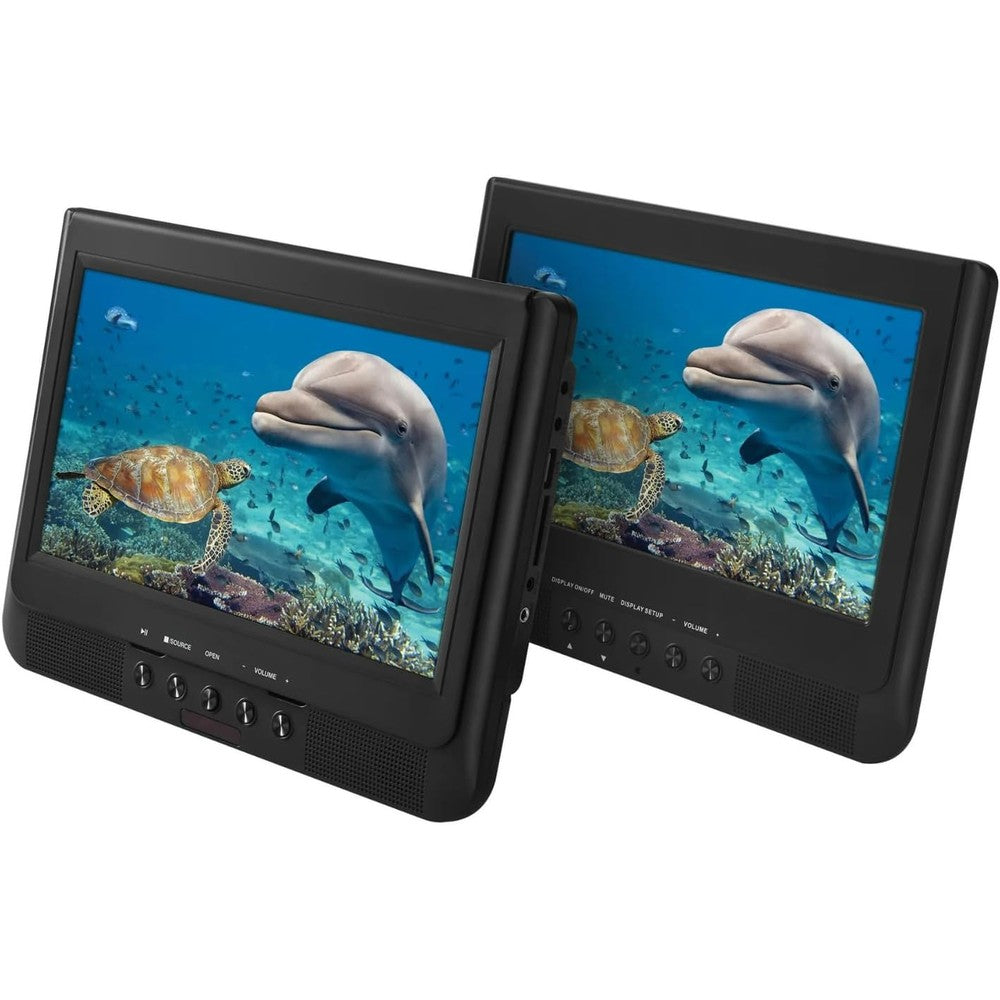 PoundMax Onn ten inch dual screen portable car DVD player kit front view showing both screens active
