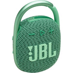 JBL Clip 4 Eco green portable bluetooth speaker front view featuring rugged fabric design
