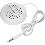 Zerone 3.5mm Mini Pillow Speaker front view in white showcasing the compact circular design and audio outlets.