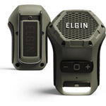 Elgin Thumper wearable Bluetooth speaker front view showing olive green rugged design and integrated clip