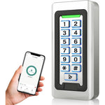 AMOCAM wireless wifi access control keypad front view showing metal housing and backlit digital numbers.
