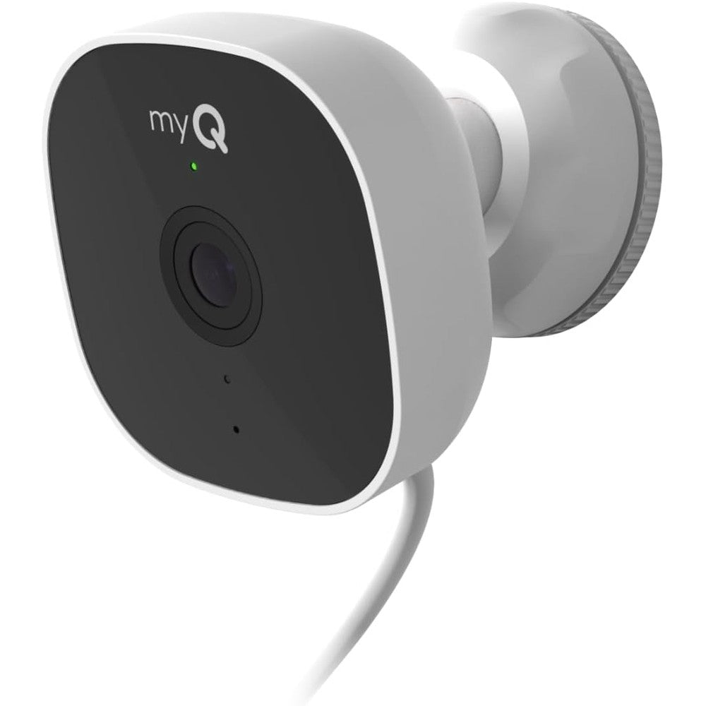 Chamberlain myQ Smart Outdoor Wired Camera front view showcasing its clean white design and wide angle lens.