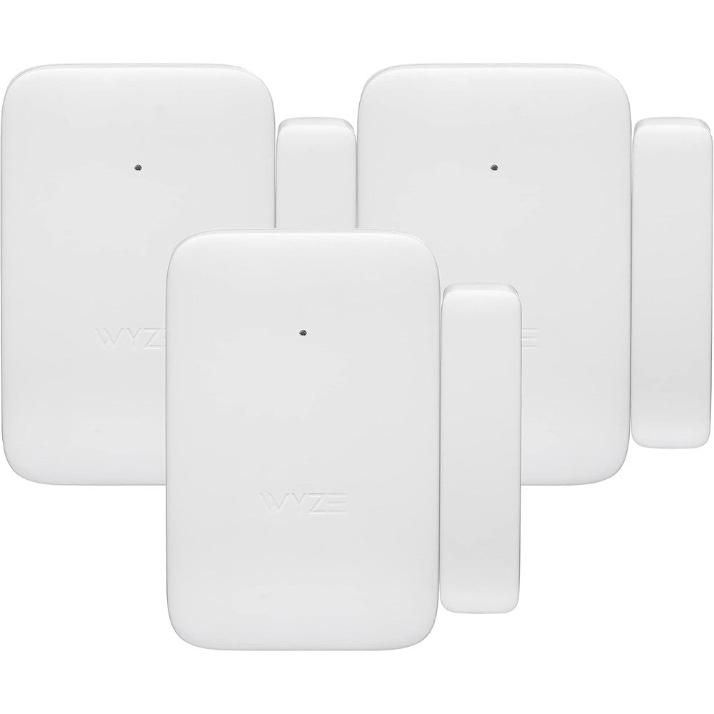 Wyze Home Security System Entry Sensor 3-Pack front view showing three compact white wireless contact sensors.
