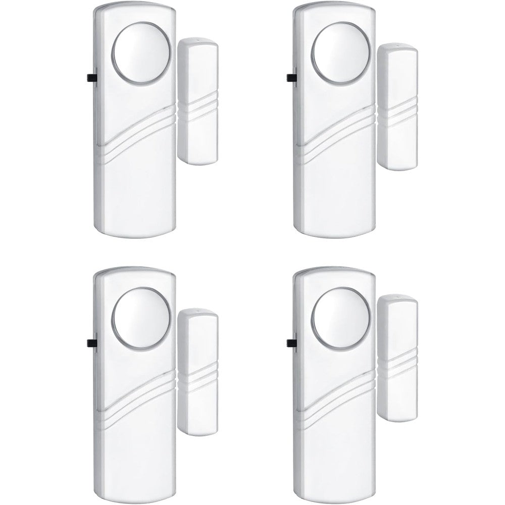 PLOJOP security door window alarm 4 pack front view showcasing compact white wireless sensors.