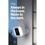 Ring Spotlight Cam Plus Battery front view wireless outdoor security camera in white.