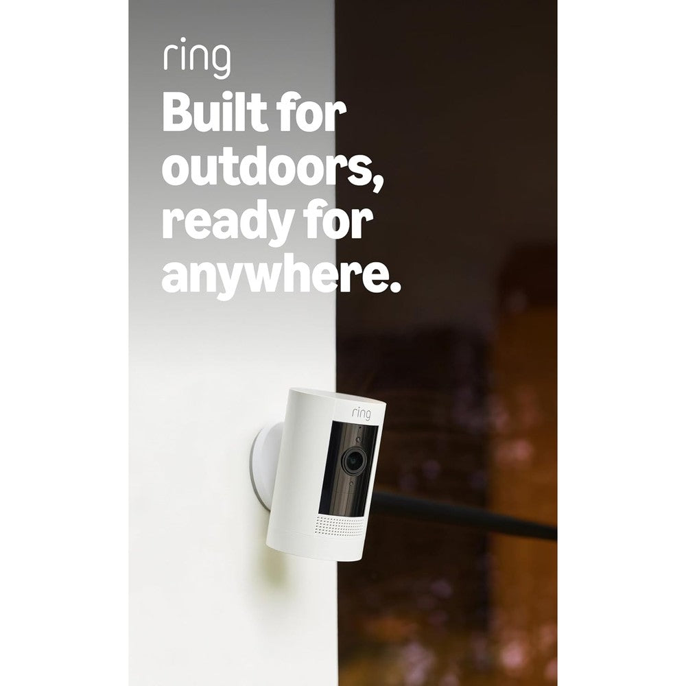 Ring Outdoor Cam Stick Up Cam in white front view mounted on an exterior wall