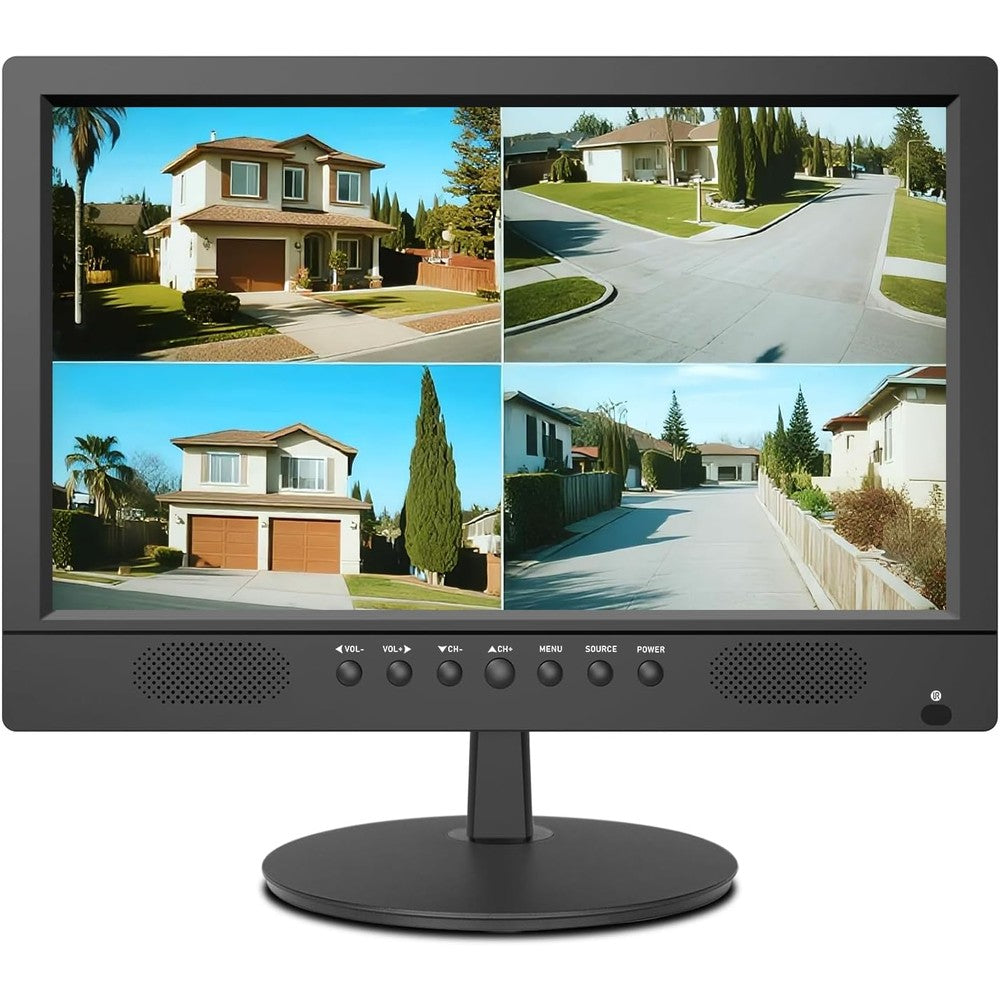 Jexiop 16 inch security monitor front view showing split screen residential camera feeds