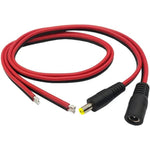 California JOS DC power pigtail cable front view showing male and female barrel connectors.