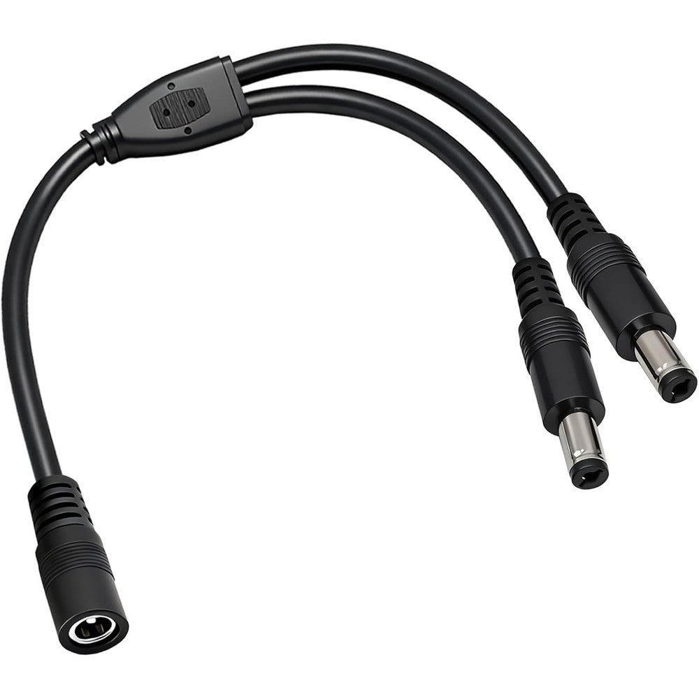 Plugtul 18AWG DC power splitter cable front view showing 1 female to 2 male connectors.