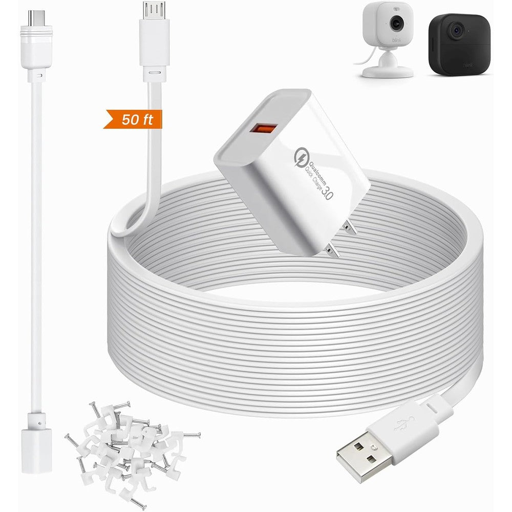 Weishan 50 feet power extension cable pack front view with white charging block adapter cord and wall mounting clips