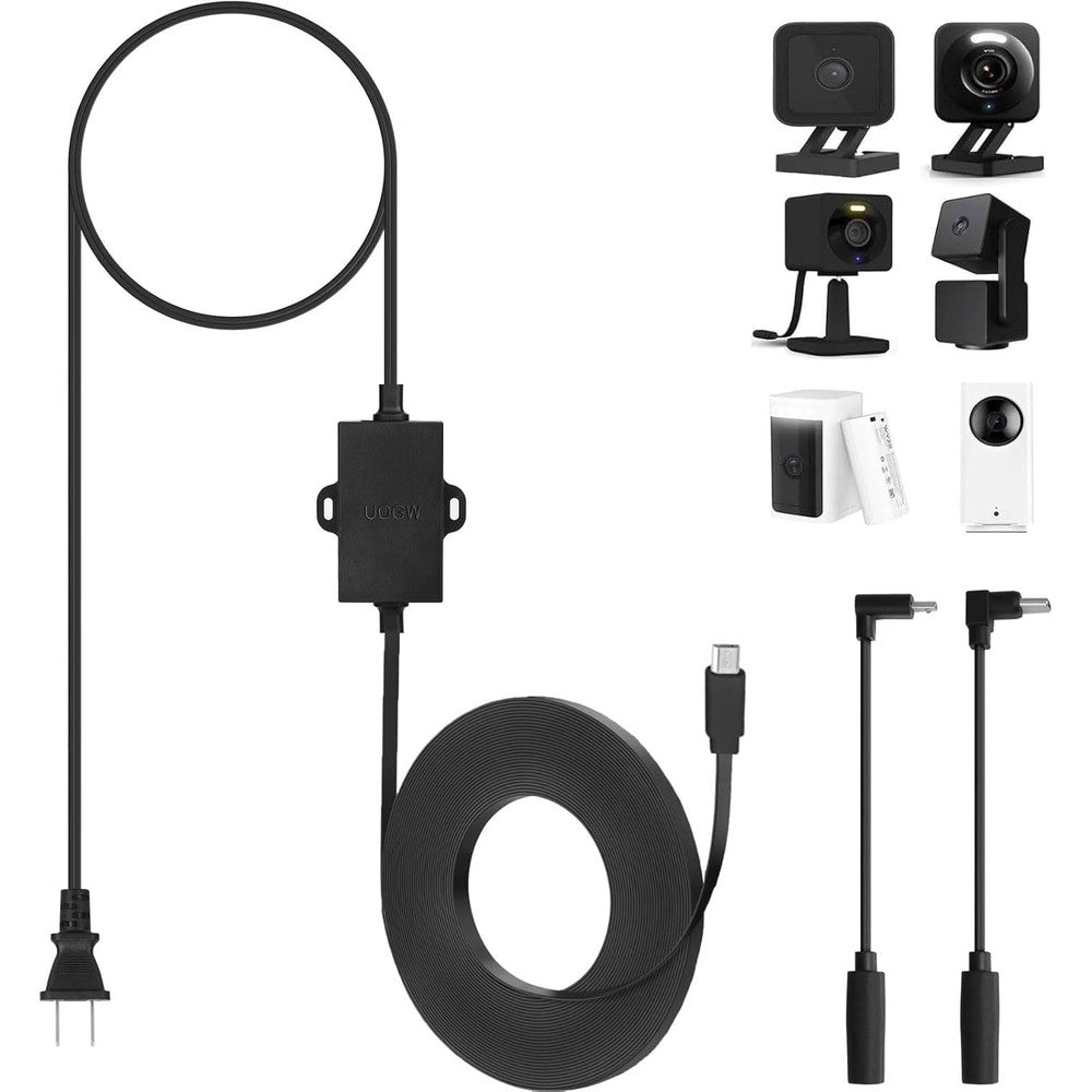 Uogw outdoor power adapter front view showing integrated plug and premium black flat extension cable