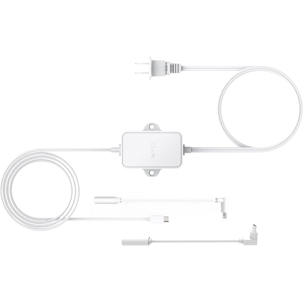 Wyze Outdoor Power Adapter front view showing the weatherproof white power brick and extended charging cable.