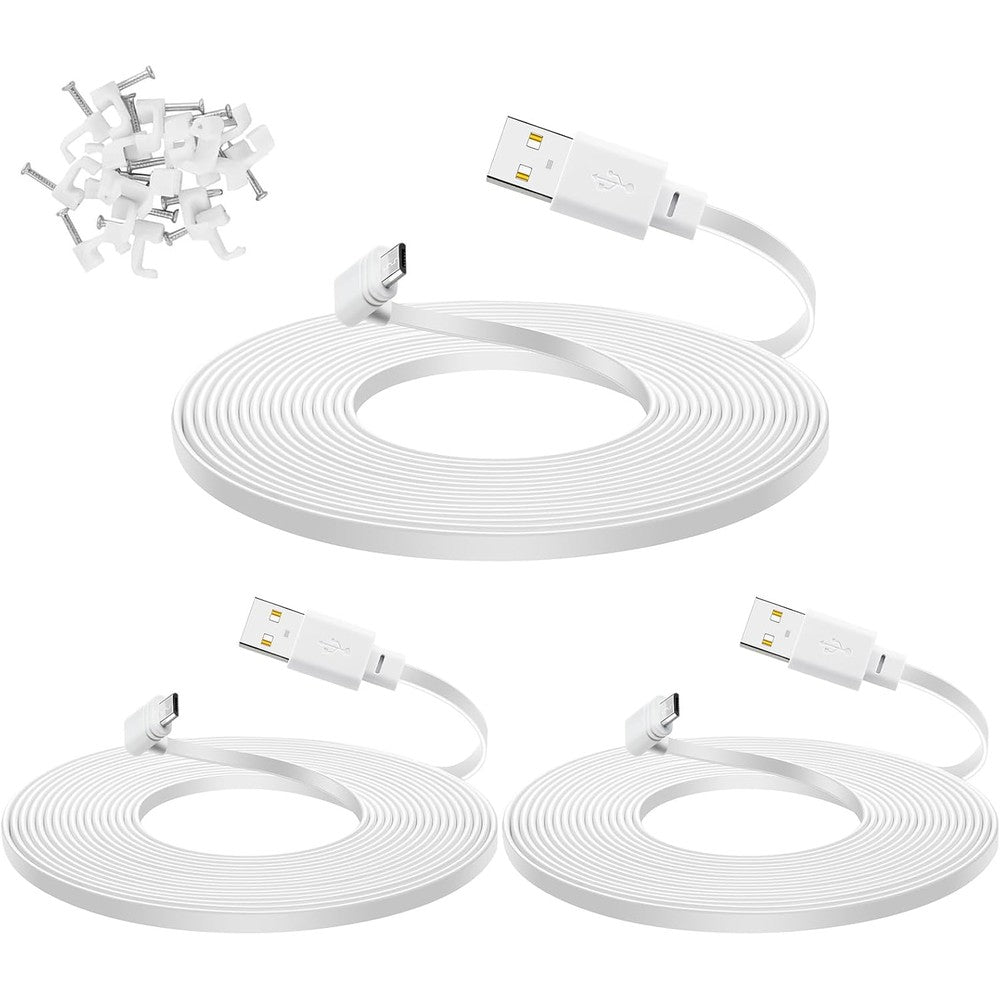 YEAOI three pack ten foot extension cable for wyze cam pan v3 front view showcasing three white flat cords