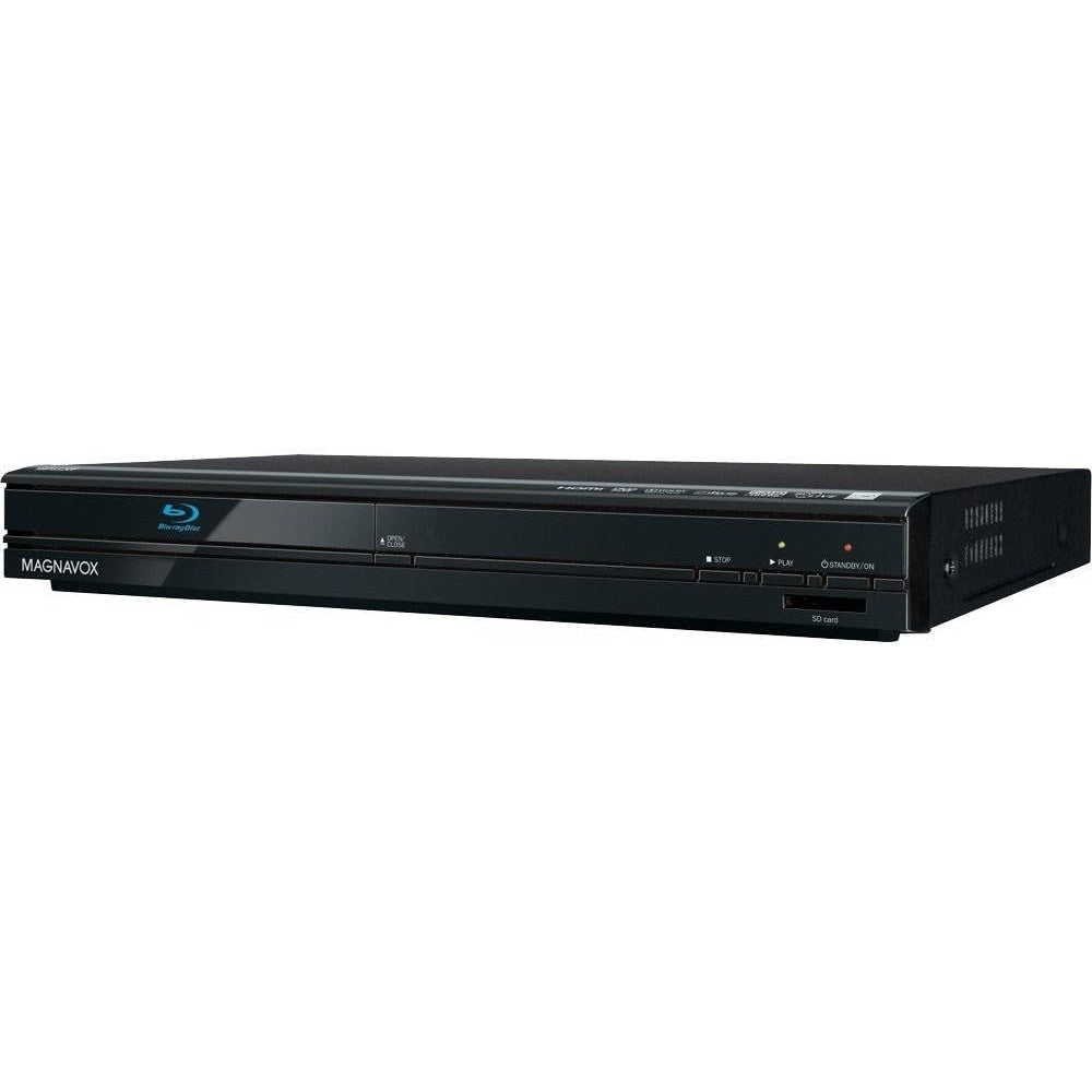 Magnavox MBP5120/F7 Blu-ray Player front view displaying front loading disc tray and playback buttons.