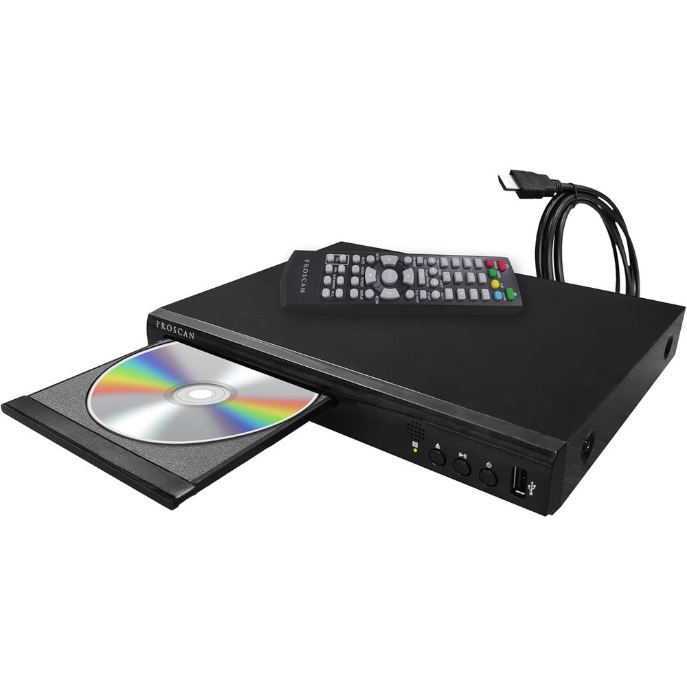 Proscan Elite compact HDMI Blu-ray player front view showing sleek black design and USB port