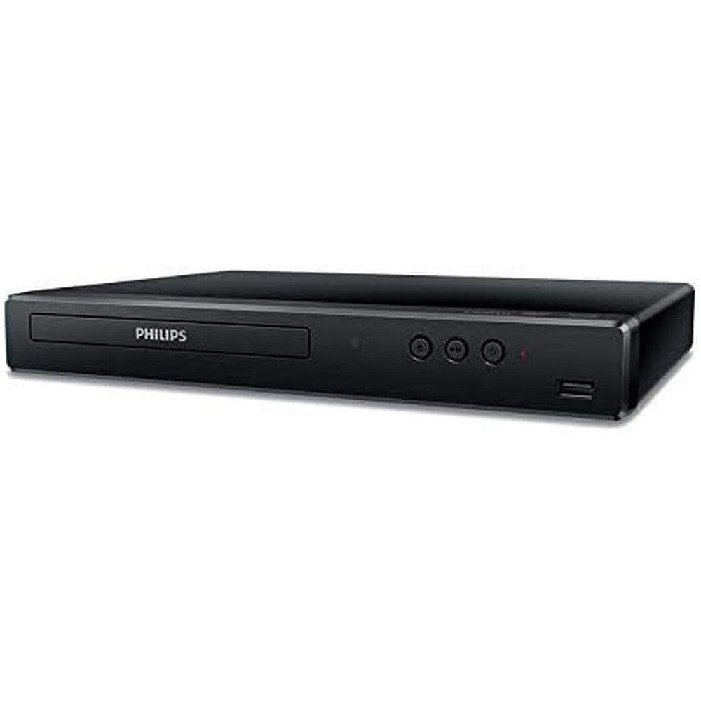 Philips Certified Renewed Blu-Ray Disc and DVD player sleek black front view showing disc tray and front Universal Serial Bus port.