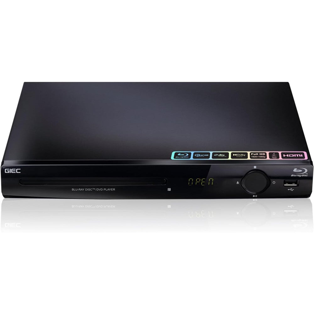 GIEC G2805 1080P Blu-ray DVD player sleek front view showing the disc tray and minimalist power buttons