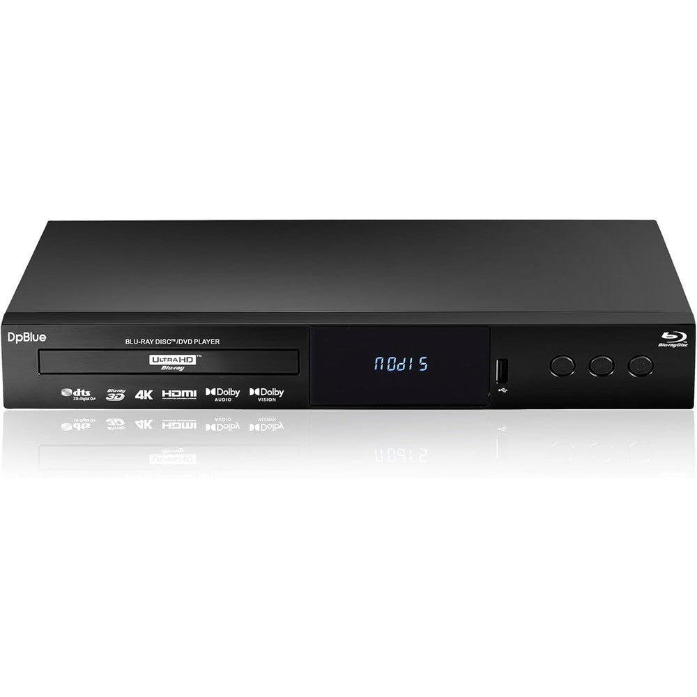 DpBlue 4K UHD Blu-ray Player sleek front view displaying power buttons and optical disc tray loader
