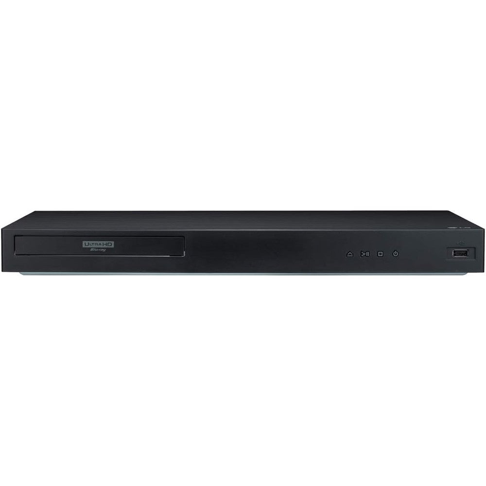 LG UBK90 4K Blu-ray player premium front view showcasing sleek black finish and control panel