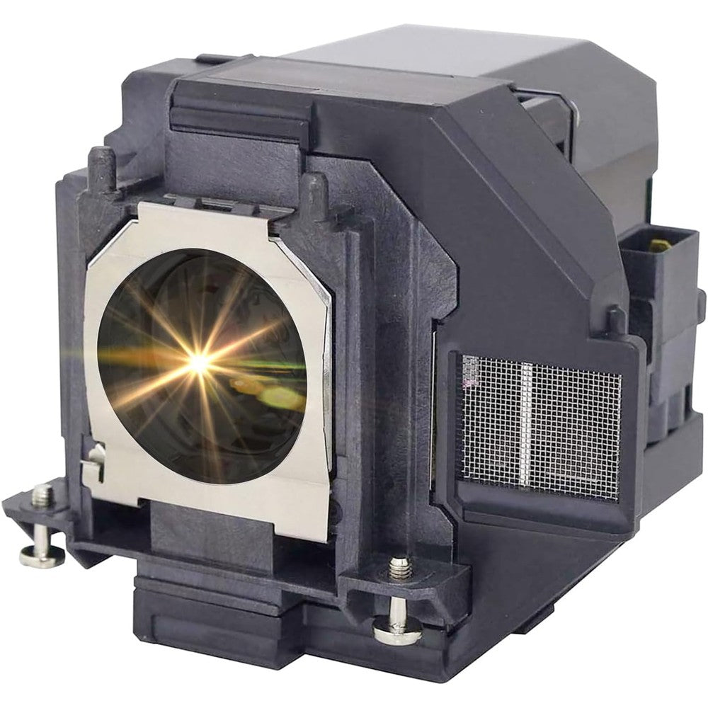 Supermait replacement projector lamp bulb front view highlighting the integrated black protective housing and clear lampwick lens structure.