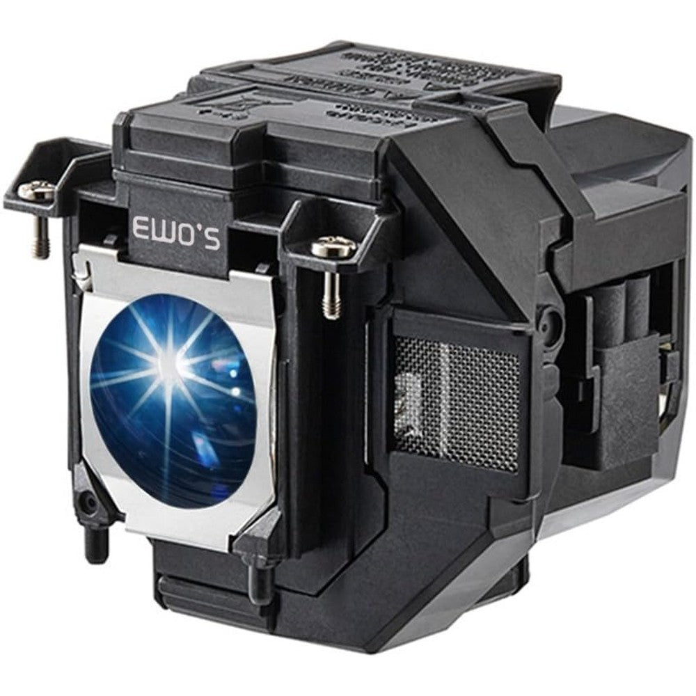 EWO'S Replacement Projector Lamp front view showing the clear glass bulb assembly inside the black housing module.