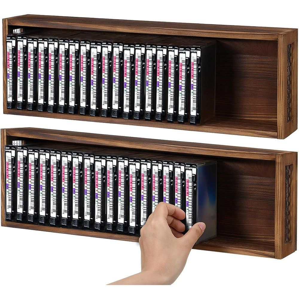 Widecook wooden cassette tape storage rack front view farmhouse style media organizer