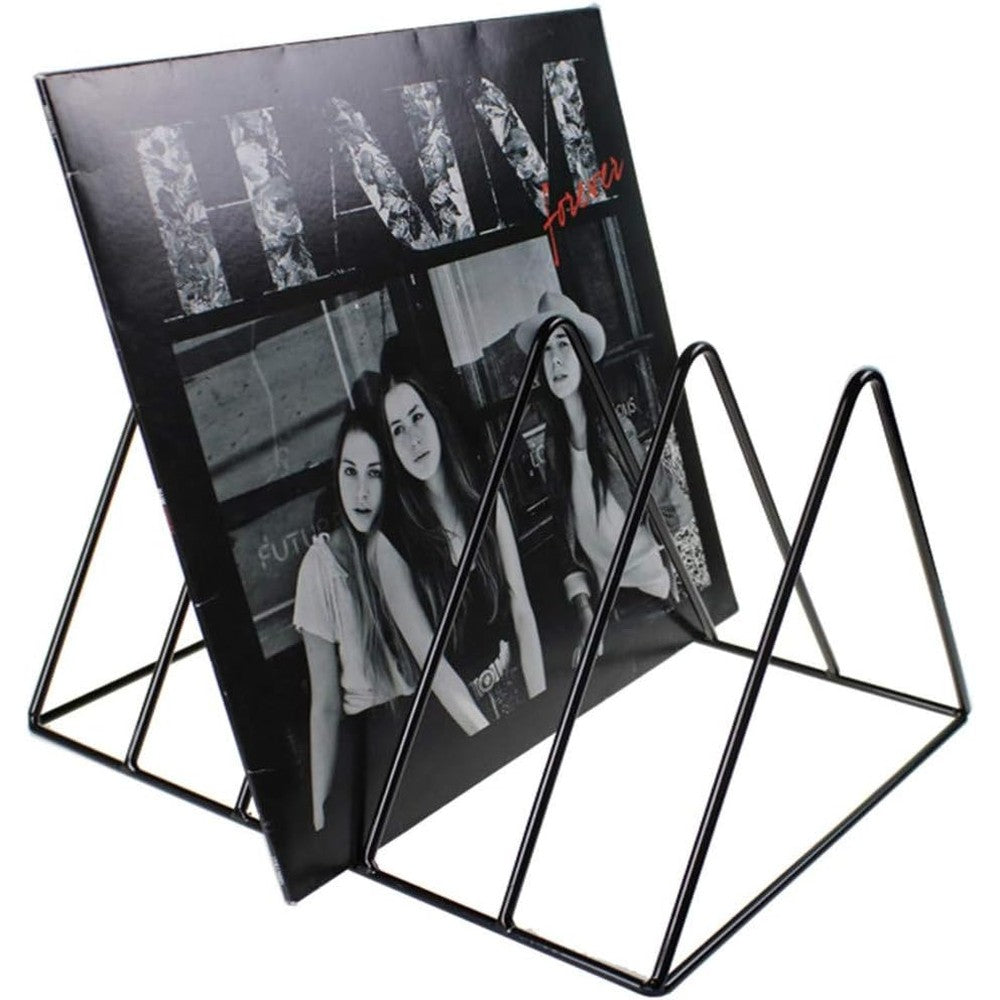 Record-Happy Vinyl Record Storage Holder Stand front view displaying twelve inch LP albums.