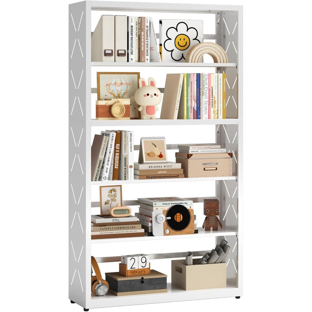 Ozoy 5 tier metal bookshelf front view displaying organized books in a bright room setup