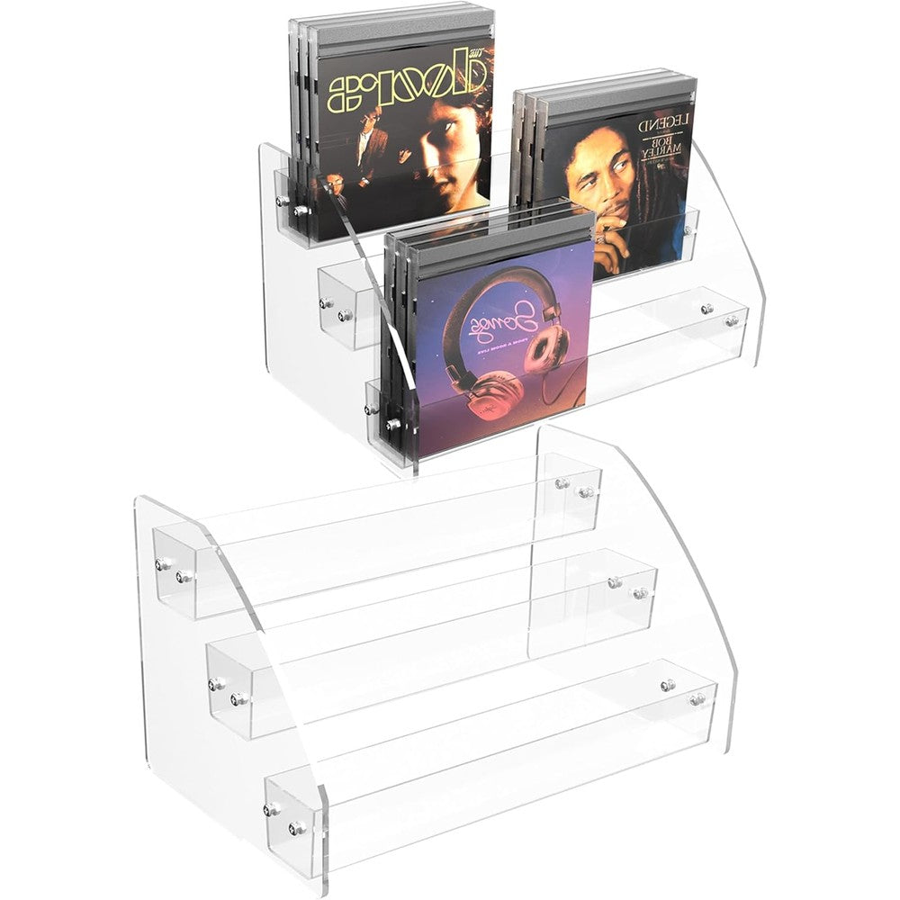 YFEEN clear acrylic CD organizer two pack front view on a modern wooden desk holding music albums.