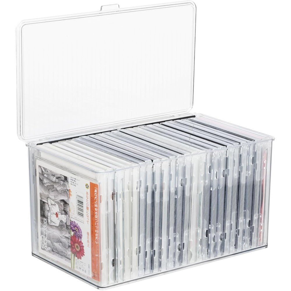Rainmae clear plastic CD storage box front view organizing media cases.
