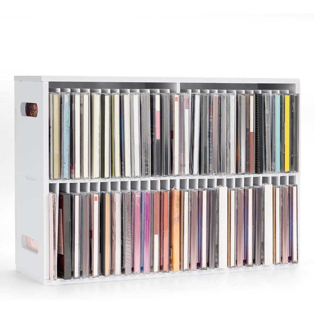 Sanfurney 52 Slots CD Storage Holder front view showcasing standard jewel cases organized neatly in individual slots.