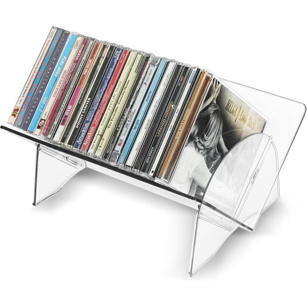 CollectHall clear plastic CD holder front view displaying stacked music jewel cases.