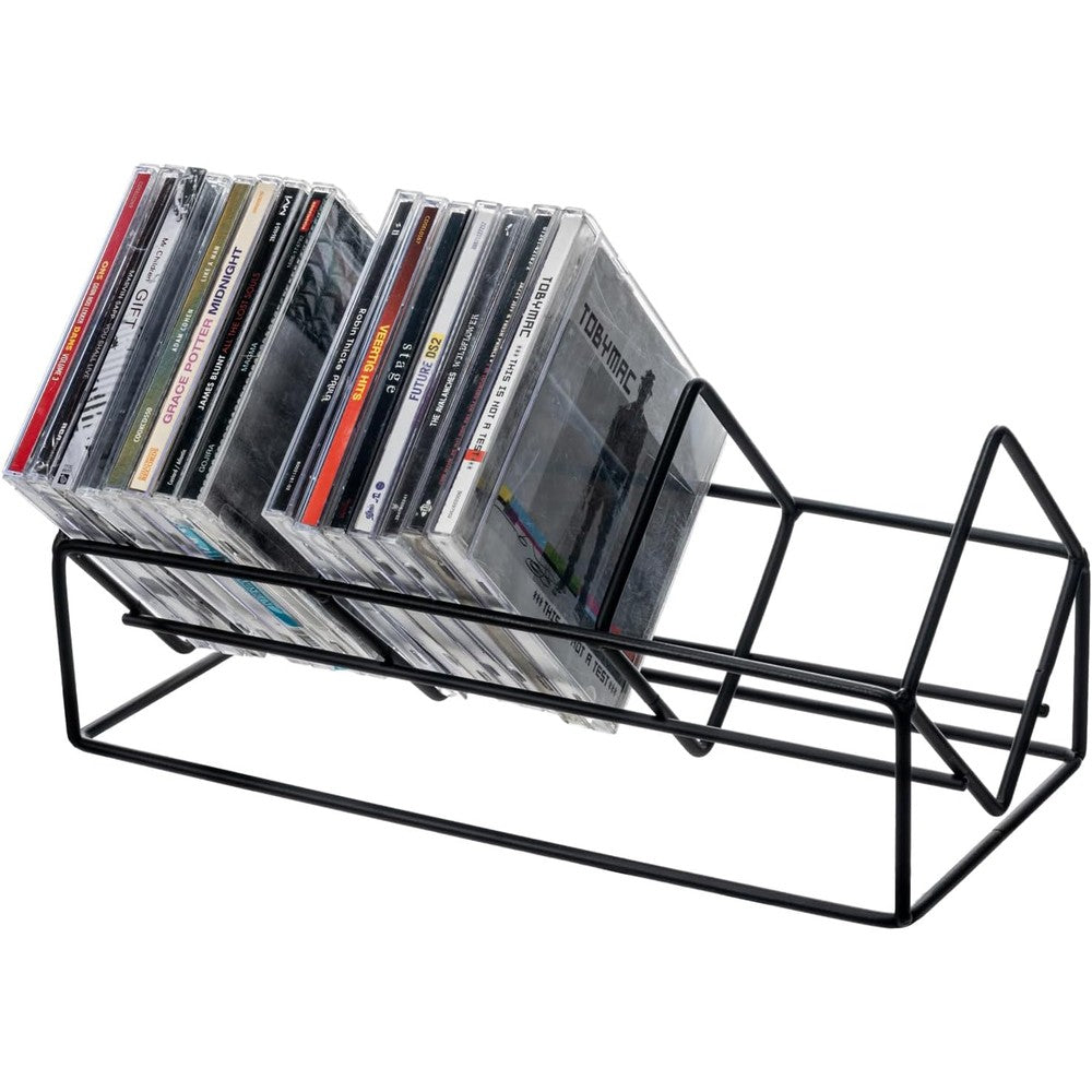 MyGift 3 slot matte black metal wire CD storage stand front view holding compact discs on a table.