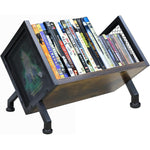 PUTNATRUE DVD and CD storage rack front view showcasing the rustic brown wooden shelf and black iron frame filled with media cases.