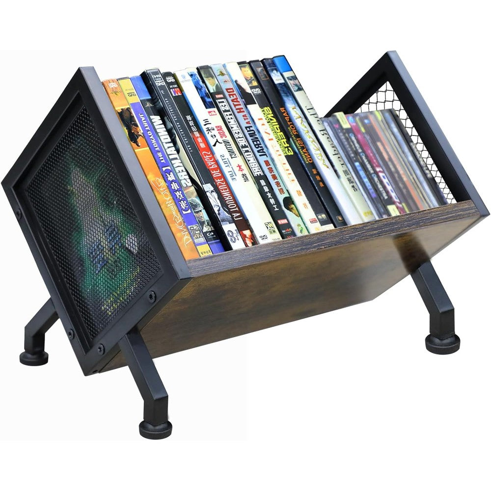 PUTNATRUE DVD and CD storage rack front view showcasing the rustic brown wooden shelf and black iron frame filled with media cases.