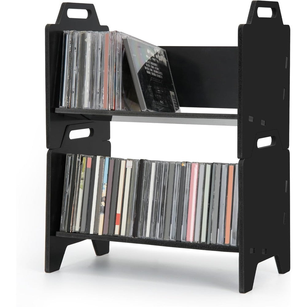 Arkiya stackable CD holder organizer rack front view in a modern home theater room setup