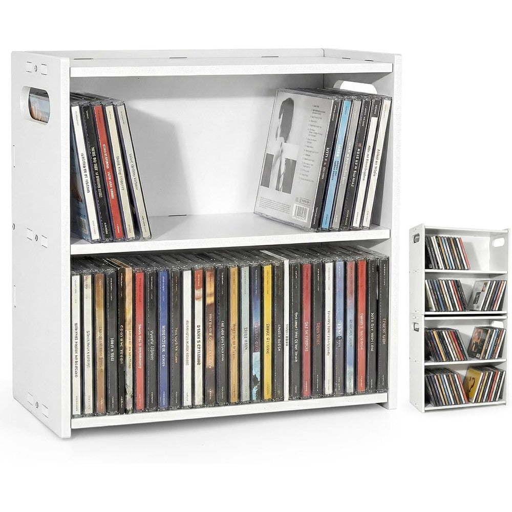 LOSADY Stackable Double Layer CD Storage Rack front view holding music jewel cases on a white desk