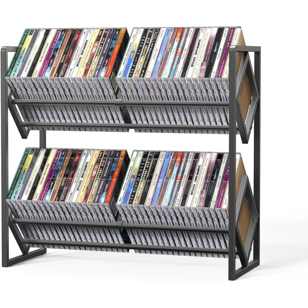 PAPAGIFTREE 2 tier CD storage rack front view loaded with compact discs on a modern desktop setup.